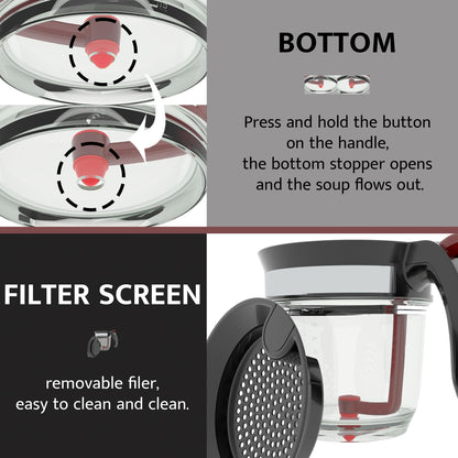 Fat Separator with Bottom Release, Gravy Separator with Oil Strainer for Cooking, Kitchen Gadgets-4 Cup Grease Separator with Sifter, Packaged with a 3-in-1 Multifunctional Peeler for potato (Red)