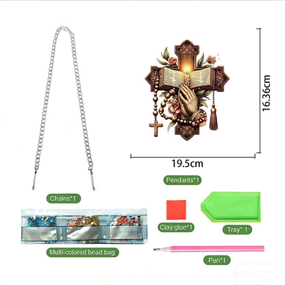 LPDJITO Religious Pray Hanging Diamonds Art kit for Adult, Cross Flowers Pendant Diamonds Painting Art Kit, Acrylic Diamonds Painting Board Kit Ornament, Special Crystal Diamond Hanging Ornament