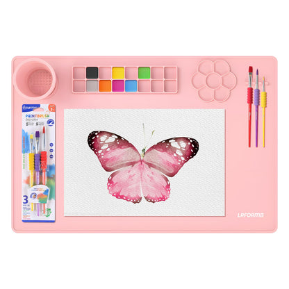 LRFORMB Silicone Painting Mat for Table Protection, 23.6 x 15.8in Drawing Mat with Nylon Brushes for Children, Art Mats with Cleaning Cup, Paint Palette, Clay Craft Mats for DIY (Pink)