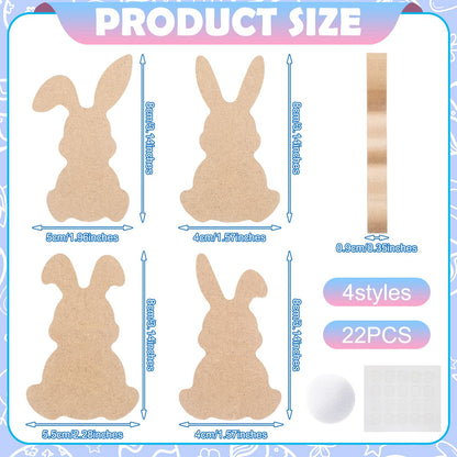 Menkxi 22 Pcs Easter Wooden Bunny Cutouts for Crafts Unfinished Easter Wood Cutouts Bunny Table Sign Rabbit Tabletop Decoration with 22 White Felt Balls Pom Ball 60 Adhesive Dots for DIY Craft Spring