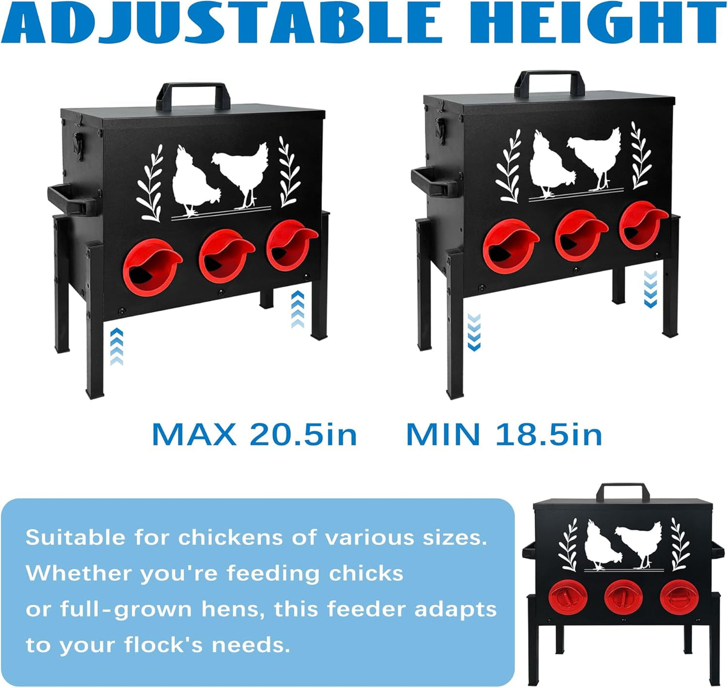 koretech 30 lb 6 Chicken Feeders, Capacity Port Automatic Chicken Feeder, Metal Chick Feeder with Locking Lid and Legs