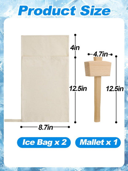 2 Pack Enlarged Canvas Ice Crusher Bags with 1 Mallet -16.5" × 8.7" Reusable Lewis Bags with Wooden Mallet for Home Kitchen Bar Party Ice Breaking