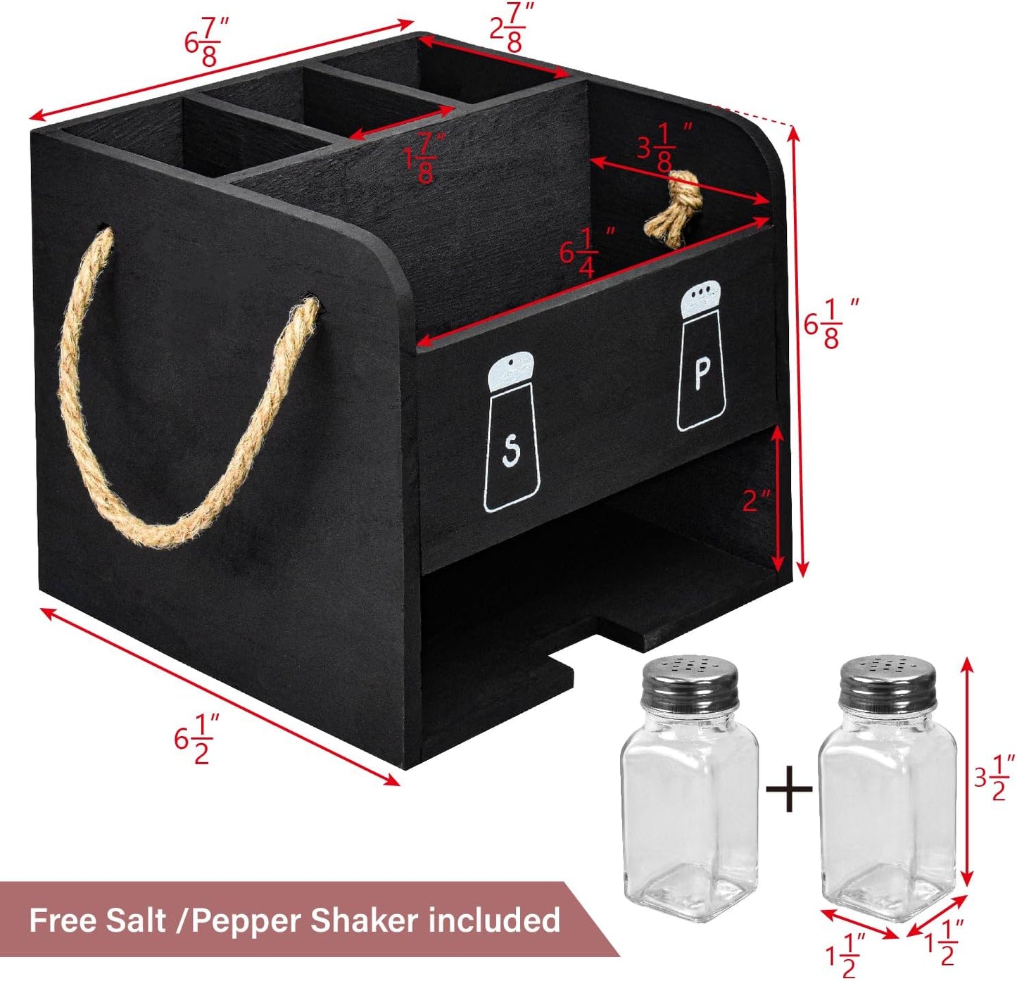 Ikee Design Wooden Utensil Caddy with Handles, Includes Salt Pepper Shaker, Silverware Holder Organizer for Countertop,