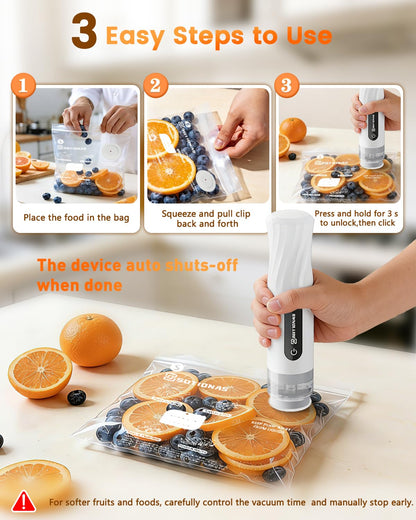 Compact Vacuum Sealer for Food (Vacuum Sealer Machine + 30 Reusable Vacuum Sealer Bags), Powerful Handheld Vacuum Sealer Machine with Lock Function, Preserve 8X Freshness, Portable for Travel