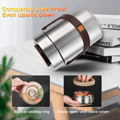 Pawovdeq 67 oz Adults Stainless Steel Vacuum Insulated Wide Mouth Soup Food Thermo Hot Food Jar with Keep Thermal Portable 3 Tier Stackable Bento Hot Food Containers Lunch Boxes (67 oz Silver)