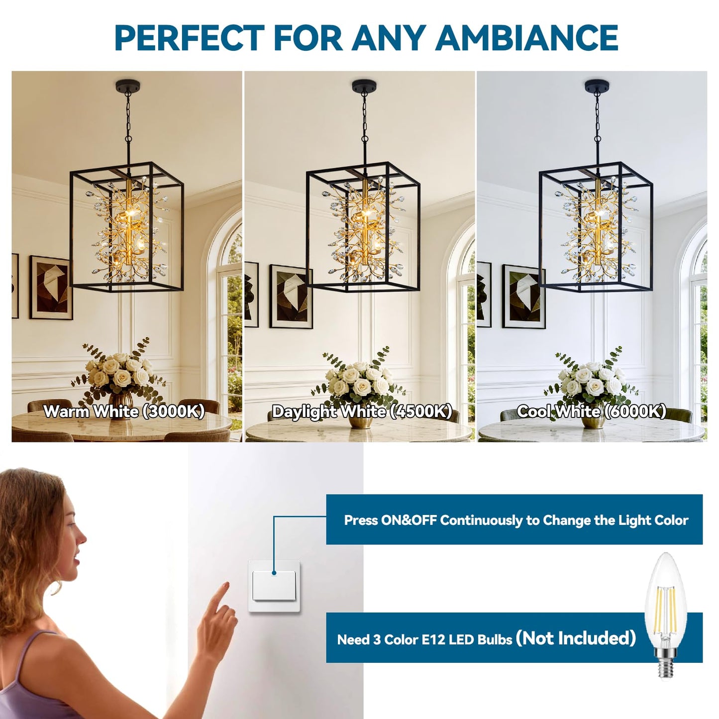 Vezzio Black and Gold Crystal Chandelier, 4-Light Modern Farmhouse Foyer Pendant Light for Entryway, Dining Room, Kitchen Island, Staircase, Hallway, H21 Inch