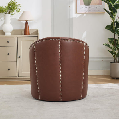GDFStudio Hayezf Top-Grain Leather Swivel Chair, 360° Swivel Accent Chair with Chesterfield Studs, Mid-Century Modern Lounge Seating for Living Room & Office, No Assembly Required, Brown
