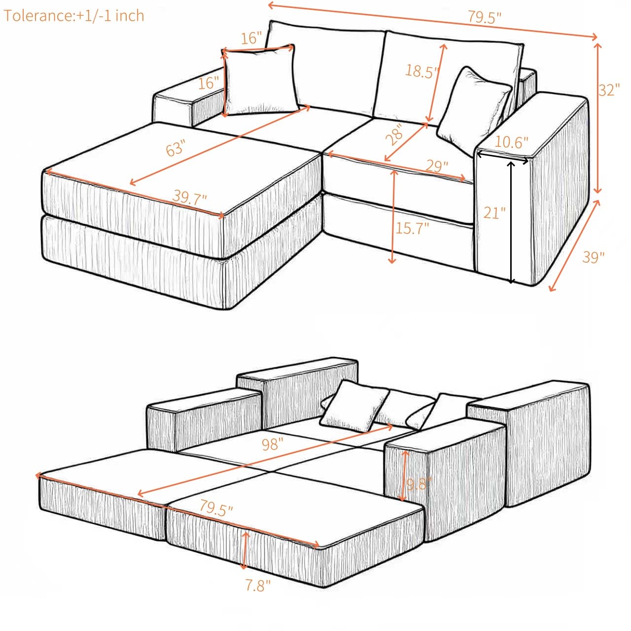 Cloud Modular Sectional Sofa Boneless Couch for Living Room, Modern L-Shaped Corner Couch with Movable Ottomans, Customizable Sleeper Sofa Bed with Pillows for Living Room