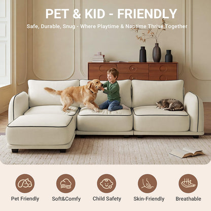 104 Inch L Shaped Modular Sectional Sofa, 4 Seater Modern Cloud Chenille Comfy Couch with Movable Ottoman & 3 Back Pillows, Oversized Comfy L Shape Couch for Living Room, Bedroom, Apartment, Beige