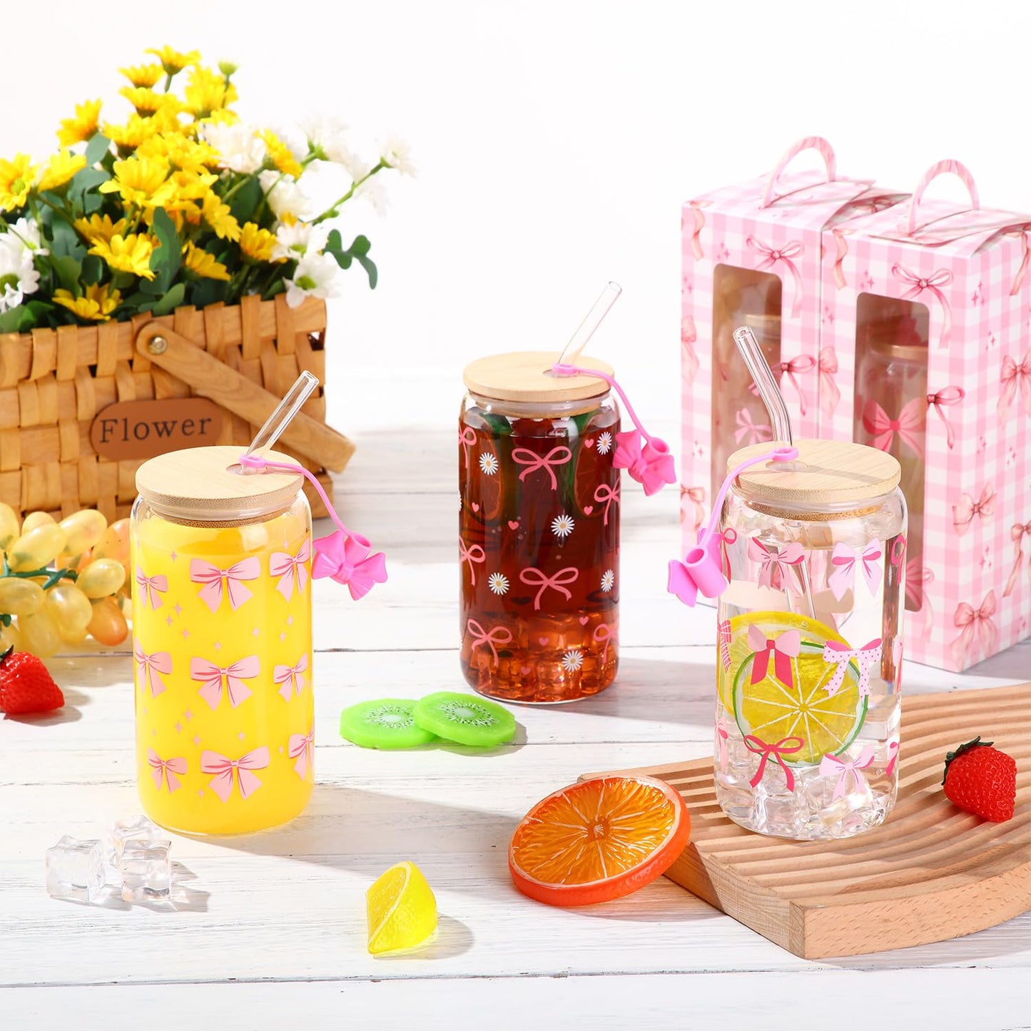 Zhehao 6 Set Cute Coquette Pink Bow Glass Cup Gift Set 16oz Aesthetic Iced Coffee Cup with Lids and Straws Toppers Brushes Gift Boxes Coquette Bow Party Favor Gifts for Girls Women Bridesmaid Mother