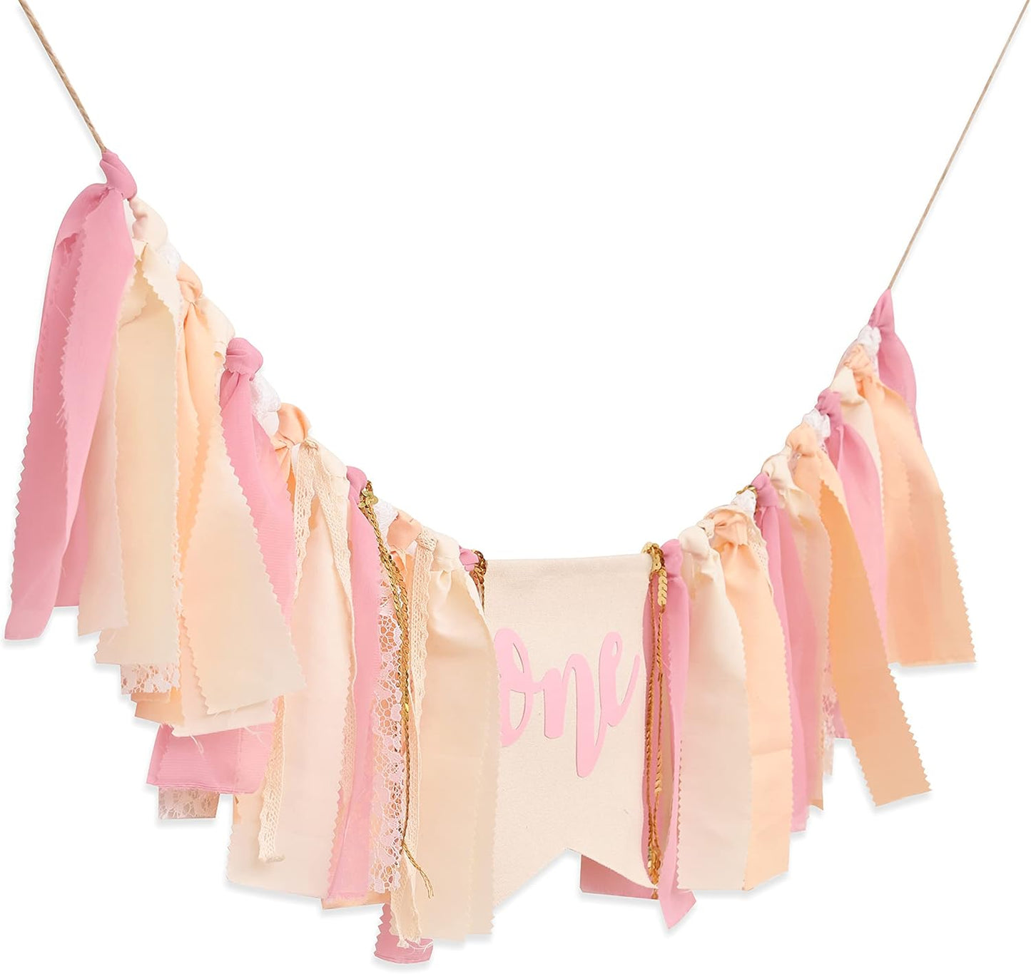 1st Girl Pink Theme Birthday High Chair Banner - Boho First Birthday Cake Smash Photo Decor (PINK ONE HF)