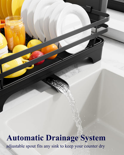 Kitsure Dish Drying Rack - Multi-Functional Dish Rack for Kitchen Counter with Cutlery Holder, Rust-Proof Storage Solution with Rotatable, 15.7" x 12.0" x 5.5", Black