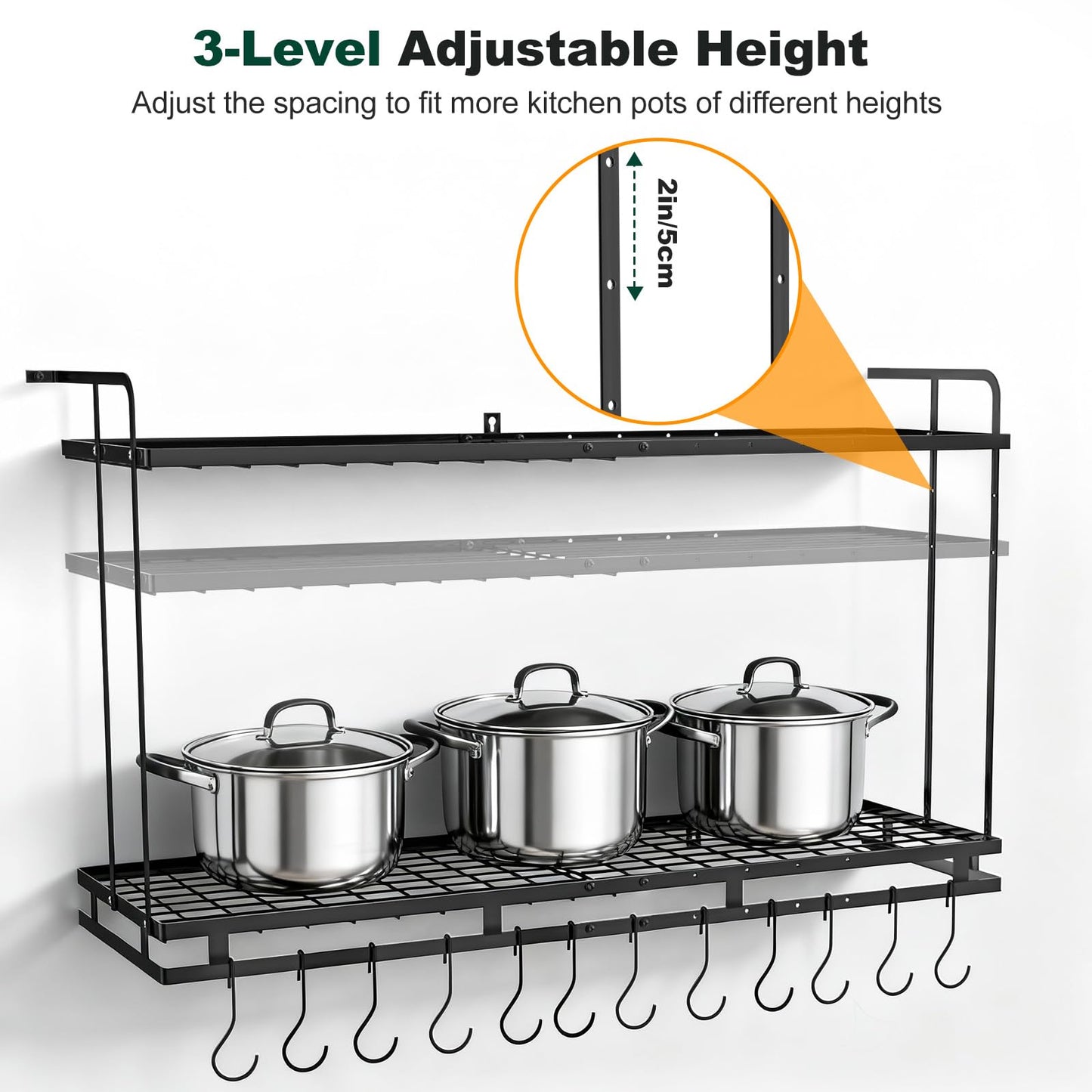 Housolution Pot Rack Wall Mounted, 22''-30'' Length Expandable, 3 Level Height Adjustable, 2 Tier Heavy Duty Hanging Cookware Pan Organizer with 12 Hooks and 8 Lid Holders