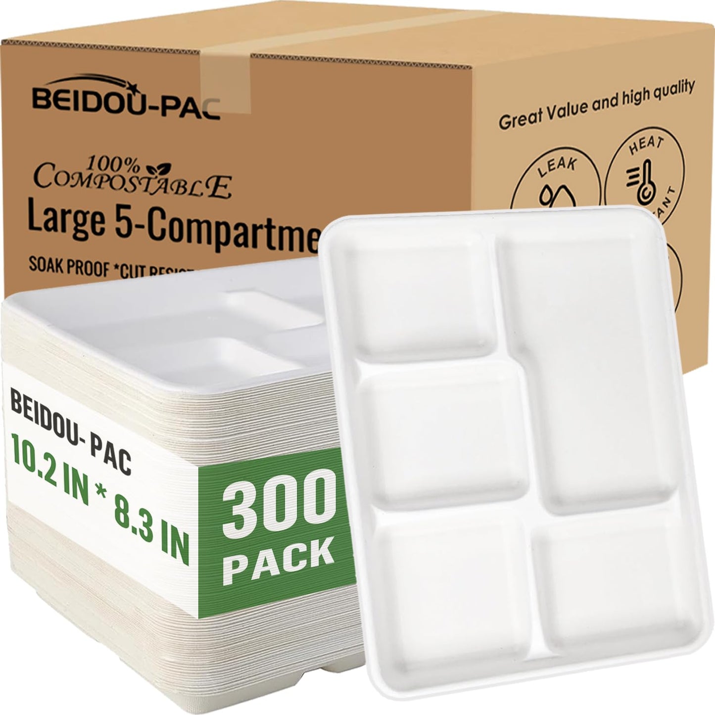 BEIDOU-PAC 5 Compartment Compostable Heavy Duty Disposable Paper Plates, 300 Count | 10.3" X 8.3" | Natural Bagasse, White Biodegradable Eco-Friendly School Lunch, Buffet, Party Sugarcane Tray