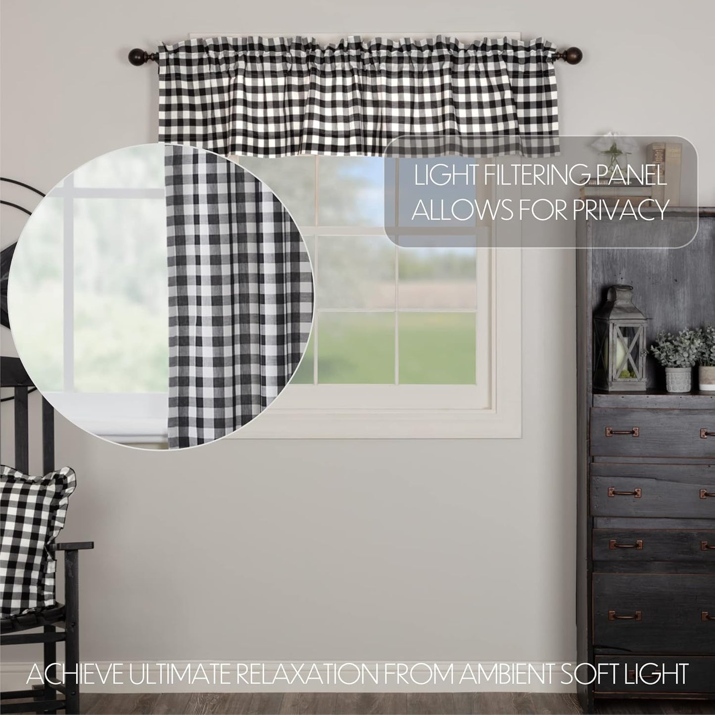VHC Brands Annie Buffalo Check Cotton Farmhouse Kitchen Curtains - Rod Pocket 16x72 Valance, Black