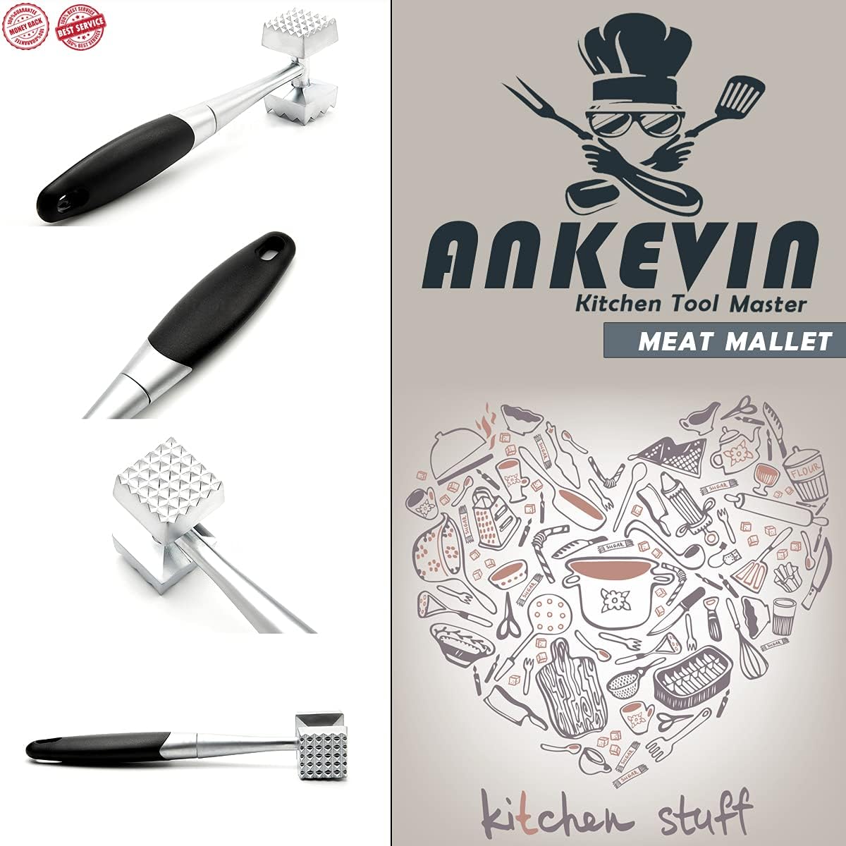 Meat Tenderizer Tool, 8.8 inches Dual-Sided Nails Meat Mallet with Rubber Comfort Grip Handle for Steak, Chicken, Fish