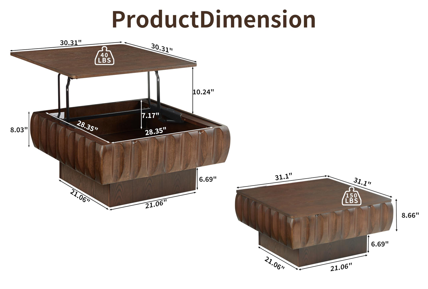Ball & Cast 31" Square Lift-Top Coffee Table with Hidden Storage, Solid Wood Frame & Sturdy Base with Ash Veneer, Modern Minimalist Fluted Center Table for Living Room, Office & Small Spaces, Walnut