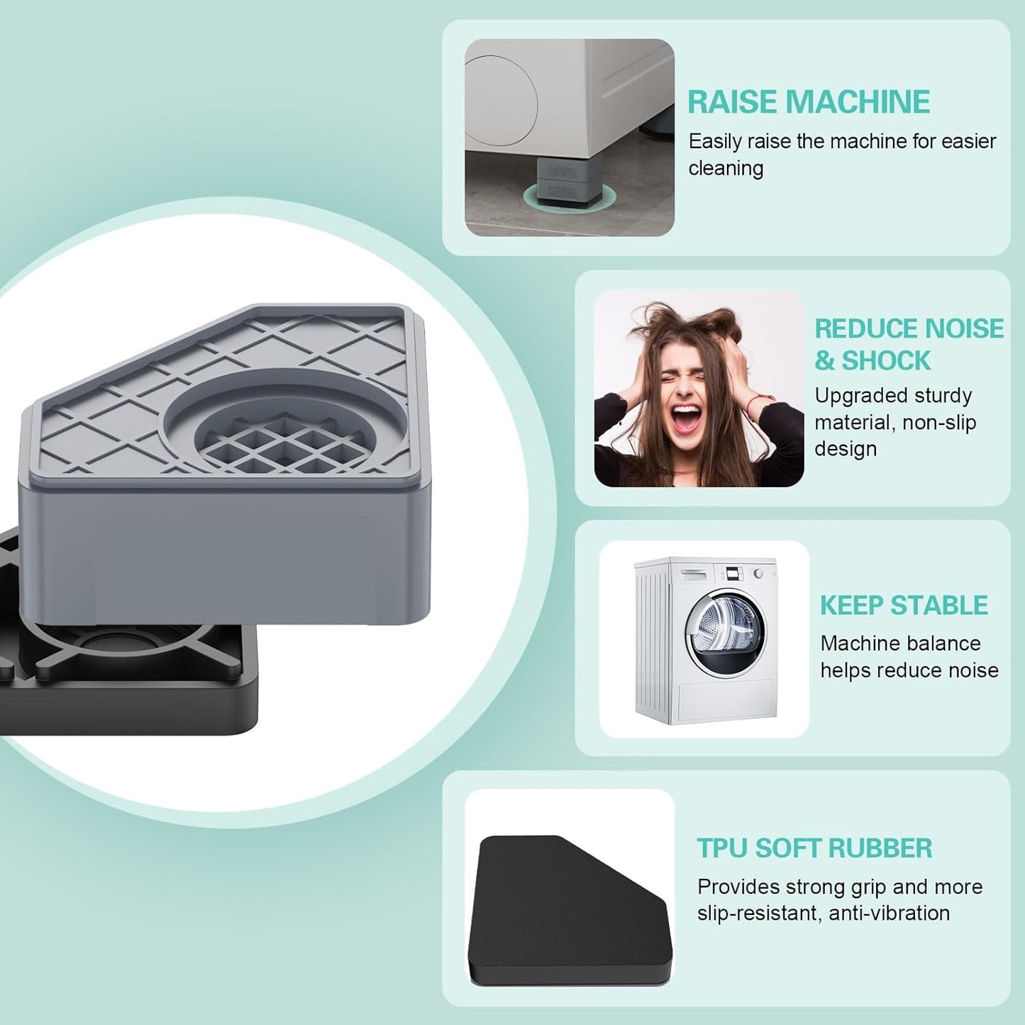 SEISSO Anti Vibration Pads, Noise Cancelling Rubber Feet Mat for Washing Machine, Stabilizer Prevents Walking