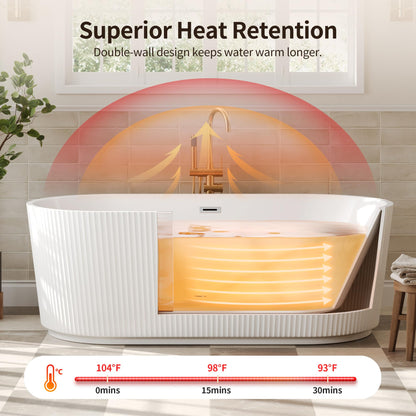 DeerValley 67" Acrylic Freestanding Bathtub, Easy Install Standalone Deep Soaking Tub with Fluted Design, Modern Ergonomic Shower Tub with Center Drain in White, DV-1T0583
