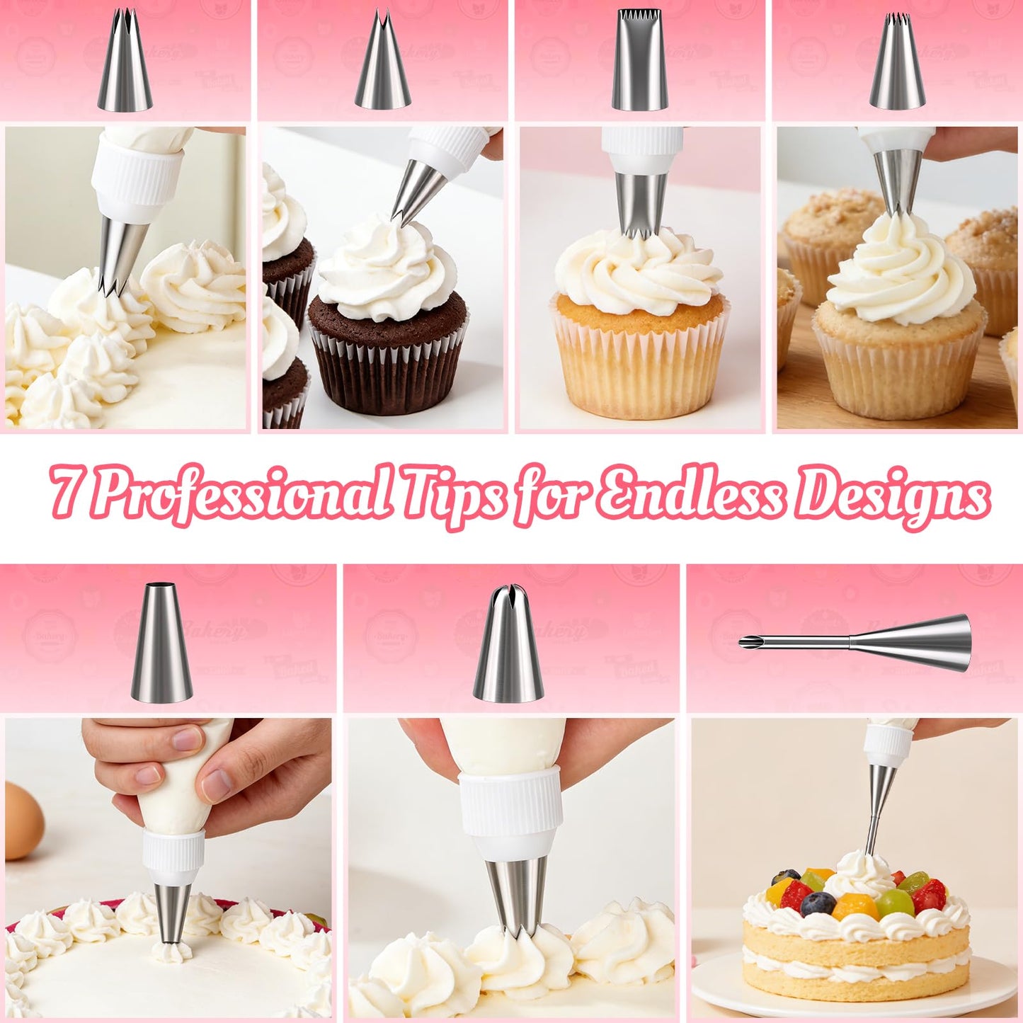 Cleangor Piping Bags and Tips Set, 16 Inch 114 Pcs Cake Decorating Kit with 100 Disposable Icing Bags, 2 Reusable Pastry Bags, 7 Stainless Steel Frosting Tips, 2 Couplers, 2 Bag Ties and 1 Brush