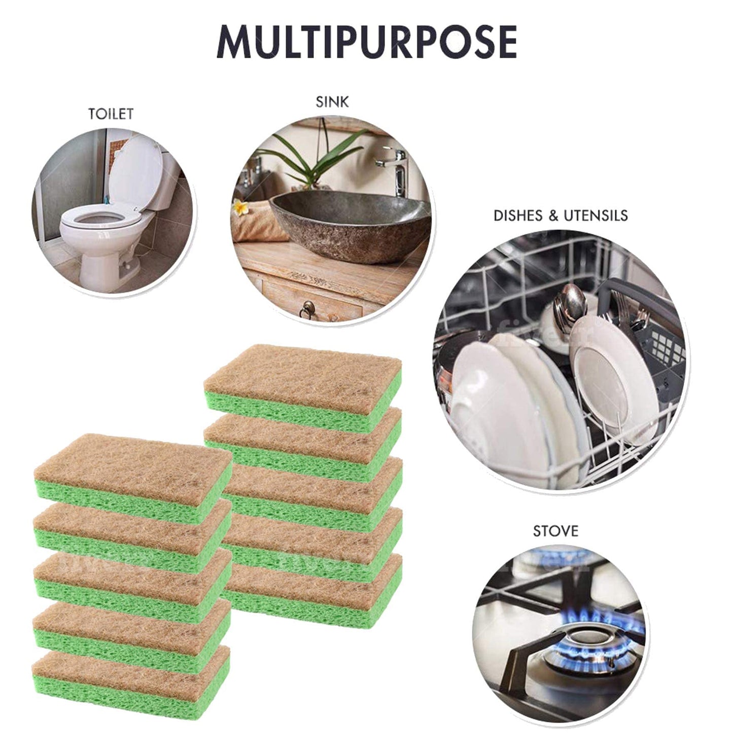 SCRUBIT Natural Sponges - 10 Pack Biodegradable Compostable Cellulose and Coconut Natural Sponges for Dishes, Eco Friendly Non Toxic Kitchen Sponge