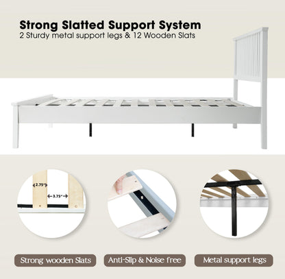 Full Size Bed Frame, Headboard & Footboard, Solid Wood Platform Bed, Anti-Slip & Noise-Free, 12 Durable Slatted Base, Centre Metal Legs, Easy Assembly, No Box Spring Needed, Pure White Finish YUF-39