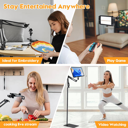 Black Adjustable Embroidery Hoops Stand for Hand Work,3-in-1 Hoop/Tablet/Phone Holder Floor Stand,Embroidery Desktop Stand，Lap Cross Stitch Frame with 360° Rotation,Hand Embroidery Stand