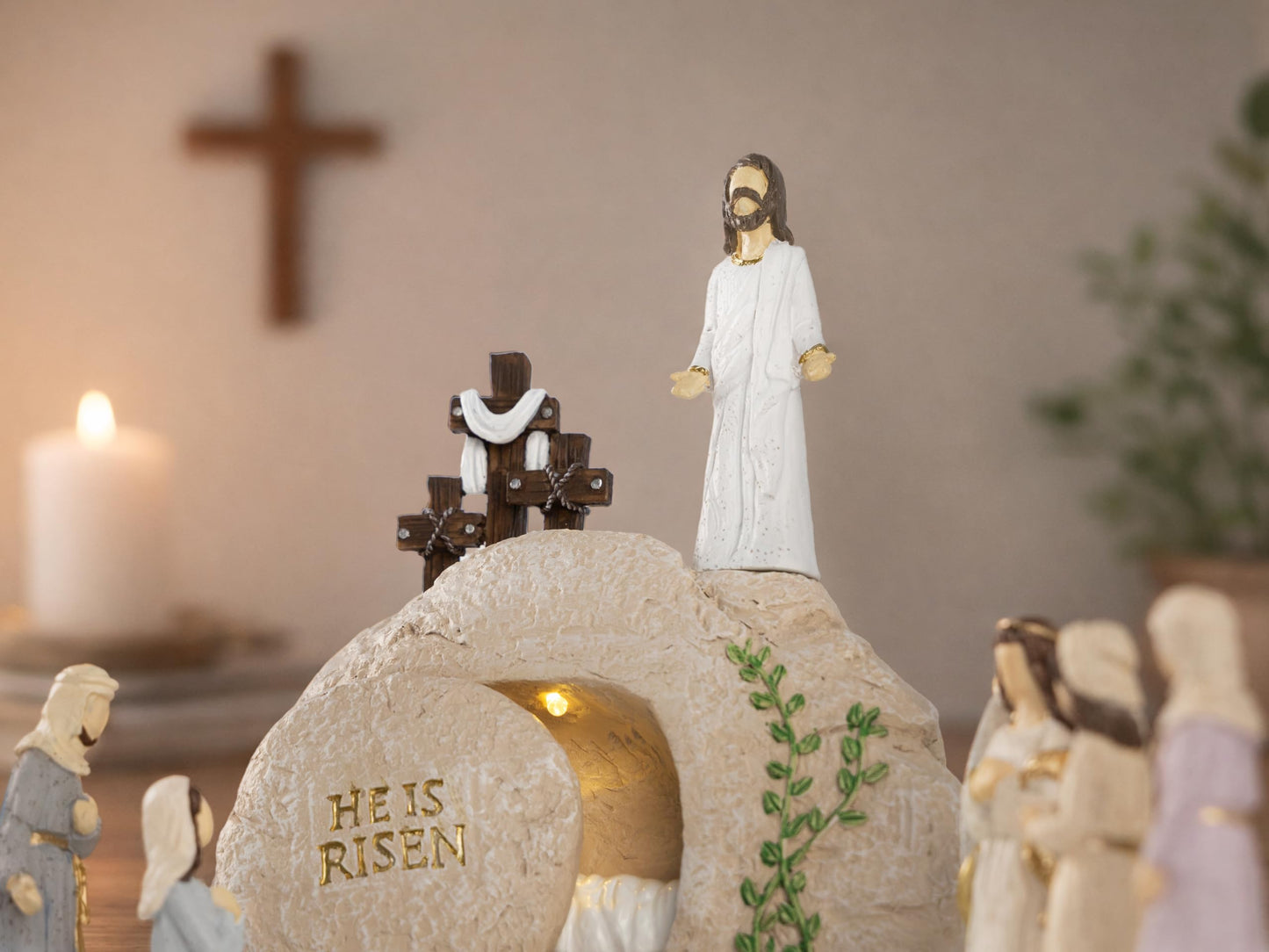 Easter Decorations for Home – 11 Pieces LED Resurrection Scene Set with Empty Tomb & Cross Shaped Resin Table Decor, Jesus Statue Set, Christian Easter Table Decorations & Mantel Decorations