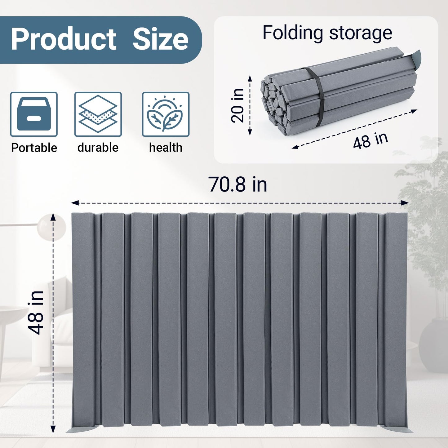 AmazingSpark 1 Pcs 48" X 6' Soundproof Room Divider Panel, Foldable Acoustic Partition Wall with Stand and Straps, Freestanding Privacy Screen for Office Study Bedroom Studio Library (Grey)