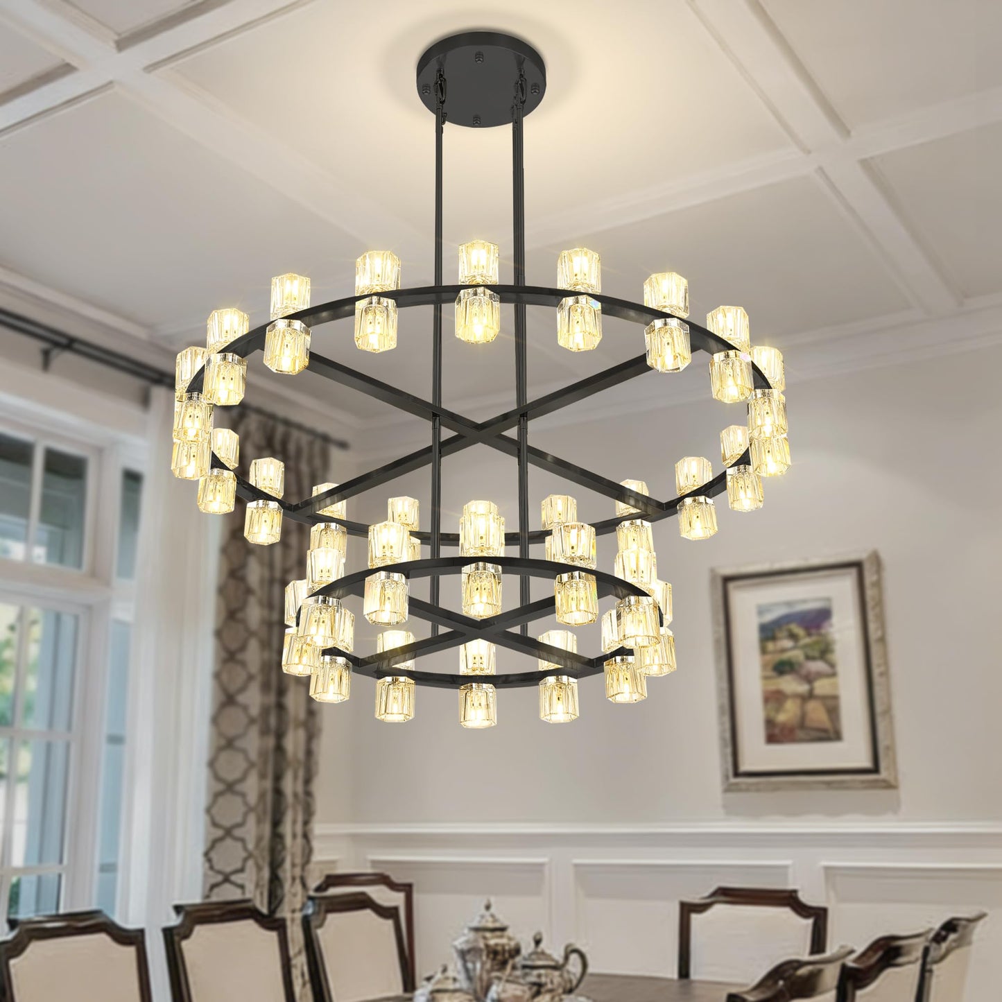 Shial Lighting D32''+D40'' Large Black Wagon Wheel Chandelier 72-Lights Black Round Chandeliers Glass Chandeliers for Dining Room,Living Room Vintage Chandelier