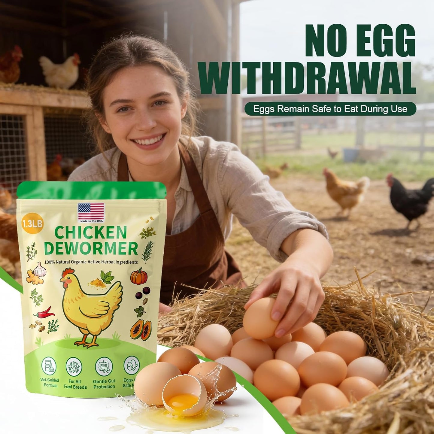 KLUORAN (1.3 LB) Natural Chicken De-wormer Powder | All-Natural Herbal Poultry Wormer for Laying Hens | Egg-Safe