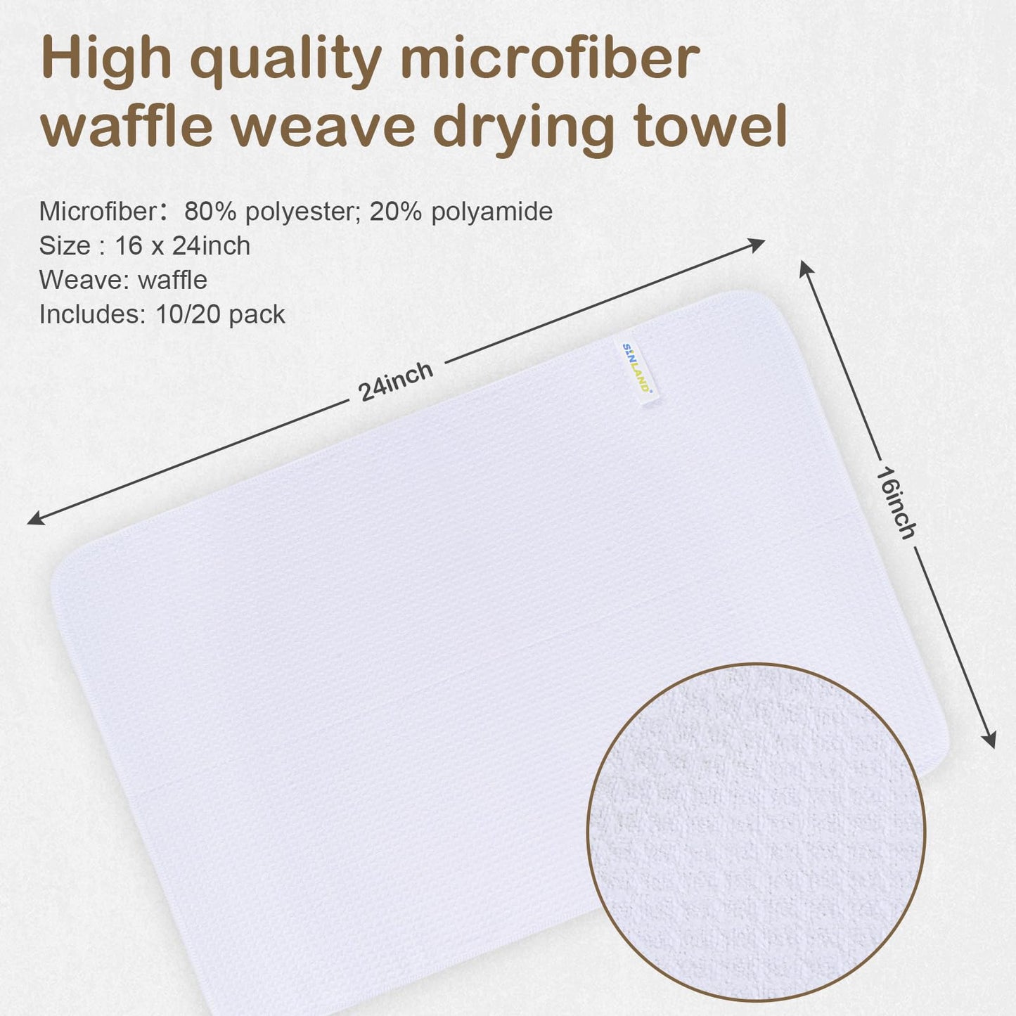 SINLAND Microfiber Sublimation Blank Towels - Fast Drying Waffle Weave Kitchen Towel, Tea Towel Polyester Dish Towels for Home Decor DIY 16 Inch X 24 Inch 10 Pack White