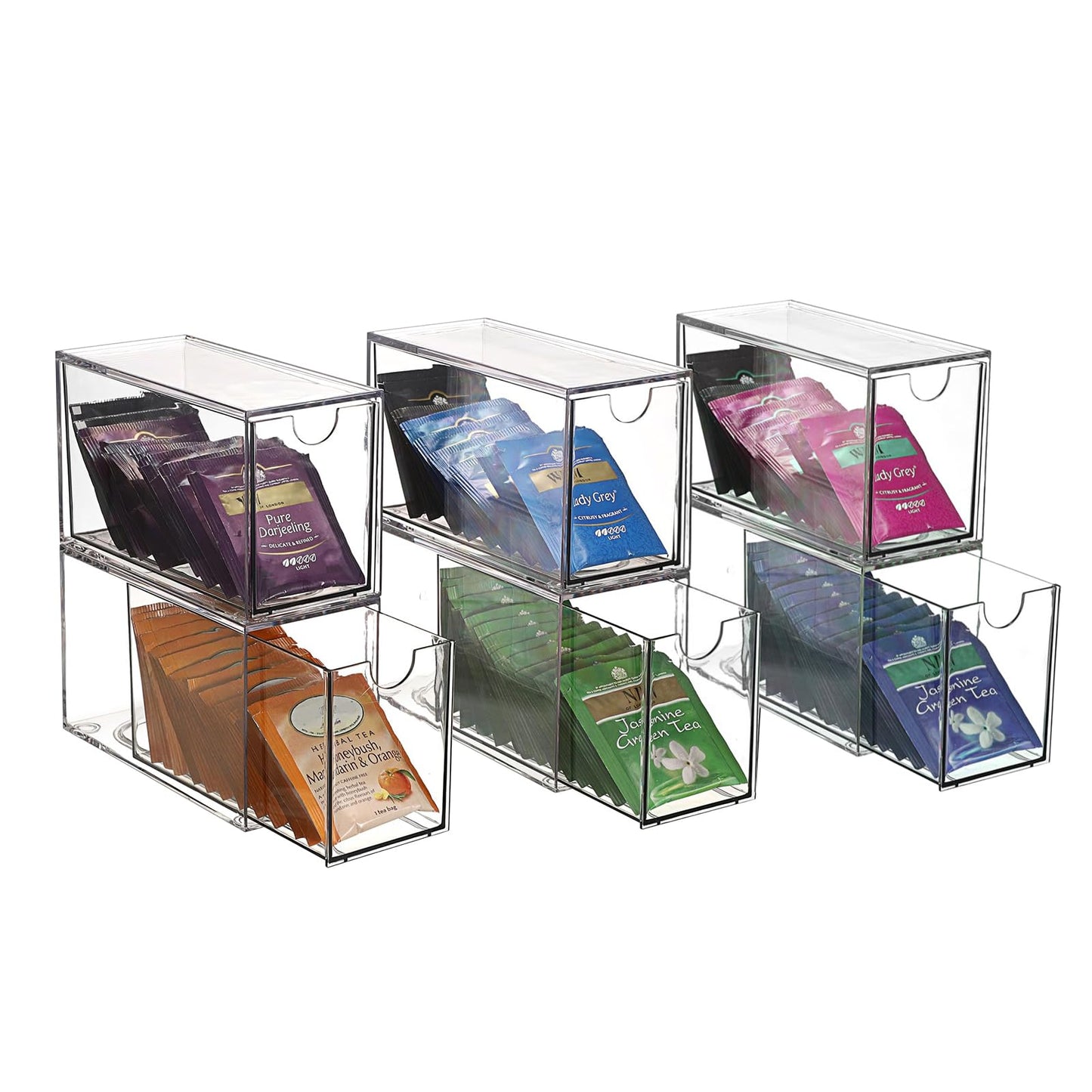 YUNYDSM Transparent Tea Bag Storage Box, 6 PCS Large Bag with Lid, 6×2.3×3.3'' Single-Layer Thickened Drawer, Suitable for Cabinets, Kitchen