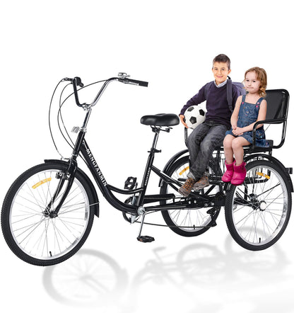VHCLYBJU Adult Tricycle Foldable with Child seat 3 Wheel Bicycle for Ladies Tricycle with Basket with Back seat 20/24in Bikes Maximum Load 550lbs Shock Absorbing Fork Adult-Unisex (24in-7speed-black)