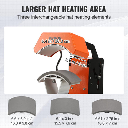VEVOR 3-in-1 Auto Hat Heat Press Machine for Caps - No Crease, Automatic Release&Press Knob-Style Digital Control Panel, with 3pcs Interchangeable Platens(6.6" x 2.7", 6.6" x 3.8", 6.1" x 3")