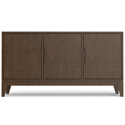SIMPLIHOME Harper Buffet - 60 inch Wide Solid Wood 3-Door Sideboard Buffet in Walnut Brown, Mid-Century Modern Cabinet for Dining Room or Kitchen with Adjustable Shelves and Tapered Legs