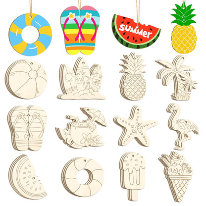 36PCS Wooden Summer Ornaments to Paint, 12 Styles DIY Blank Unfinished Wood Beach Cutouts Ornament for Crafts Hanging Decorations, Watermelon Surfboard Slippers Coconut Tree Home Decorations Gifts