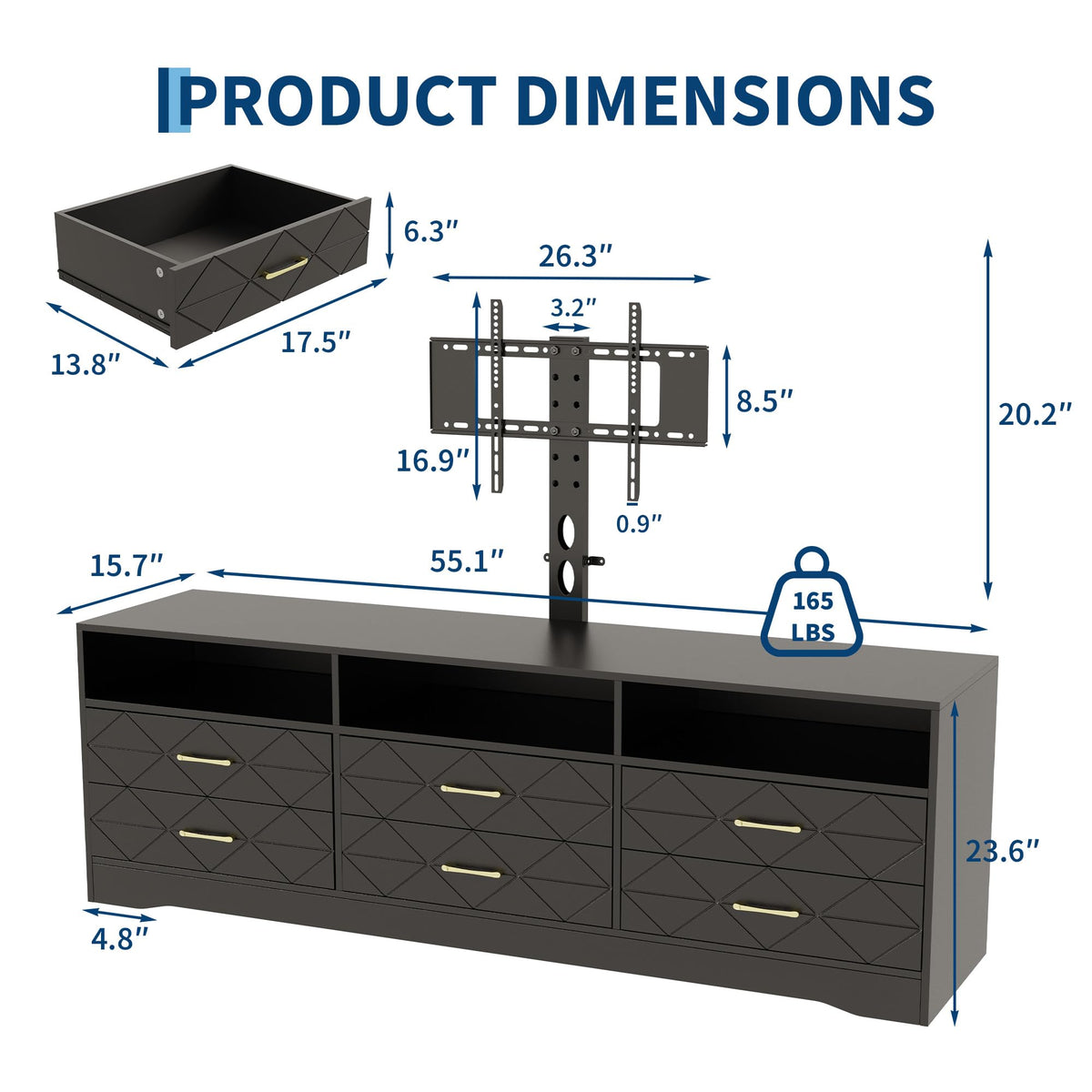 GarveeHome Black Entertainment Center with 6 Storage Drawers for Bedroom Living Room, Universal TV Stand with Mount Fit 32"-80" TVs, Farmhouse Wooden Media Console Tables with Height Adjustable Mount