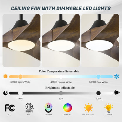 60 Inch Ceiling Fans with Lights, Outdoor Ceiling Fans for Patios with Light Damp Rated, 3 Blades Wood DC Ceiling Fan Modern Large Airflow Commercial Ceiling Fan with Remote & APP for Exterior Indoor