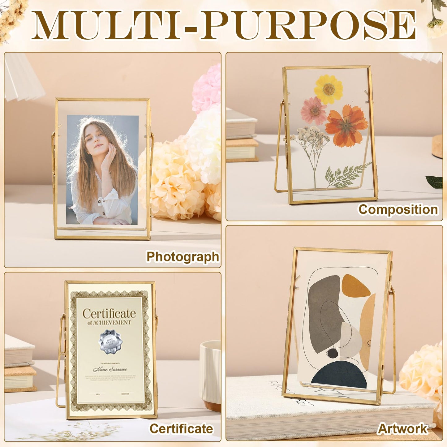 Vicenpal 3 Pack Glass Pressed Flower Frame Handmade, 4 x 6 floating Picture Frames for Pressed Flowers, Brass Double Glass for Tabletop Display, Home Office Plant Specimen, Photos(Gold)
