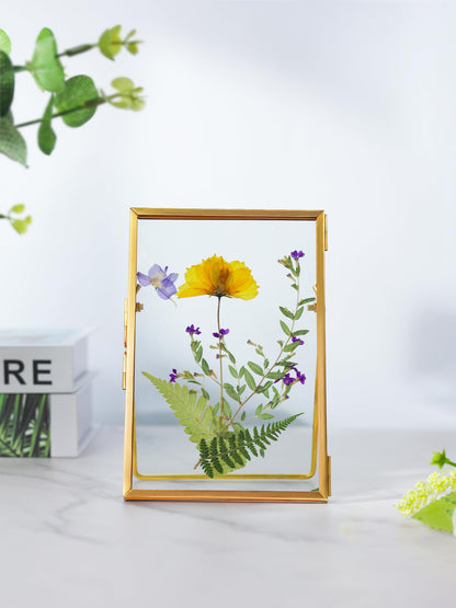 REDHUGO Glass Pressed Flower Frame Handmade, Floating Picture Frames for Pressed Flowers, Tabletop Artwork Photo Frames, Brass Desk Picture Frame for Home Office Plant Specimen, Gold, 4x6 Inches