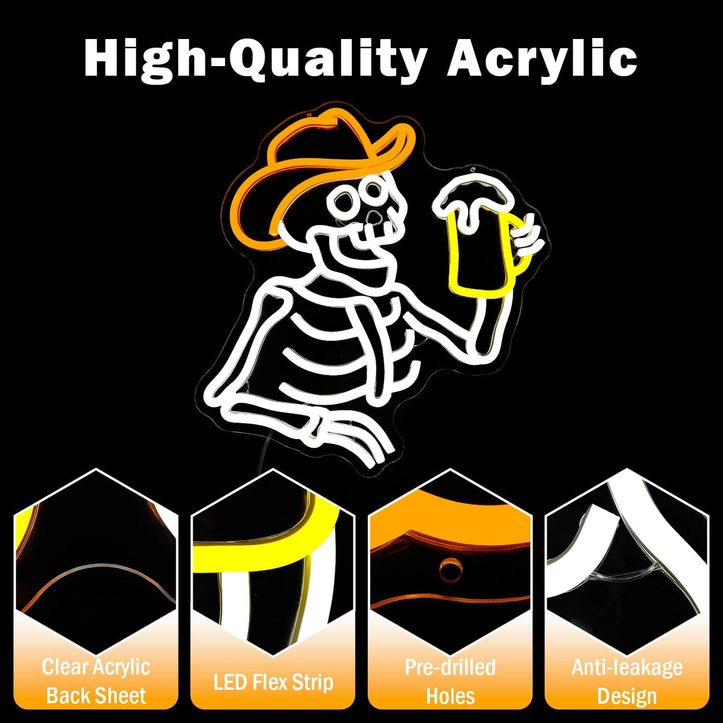 hhuohuona Cowboy Skeleton Beer Neon Sign Dimmable Western Bar Led Signs for Wall Skull Neon Sign Western Bedroom Decor Neon Lights for Man Cave Cowboy Gifts for Men