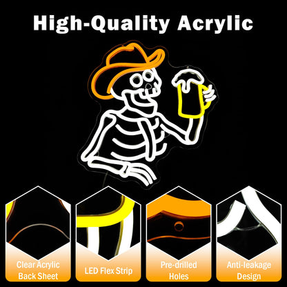 hhuohuona Cowboy Skeleton Beer Neon Sign Dimmable Western Bar Led Signs for Wall Skull Neon Sign Western Bedroom Decor Neon Lights for Man Cave Cowboy Gifts for Men