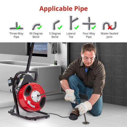 50FT x 1/2Inch Electric Drain Cleaning Machin, Auto Feed Portable Sewer Snake, Semi-Enclosed Drum, Sewer Snake Electric Drain Auger Cleaner with 4 Cutters & Air-Foot Switch for 1"-4" Pipes
