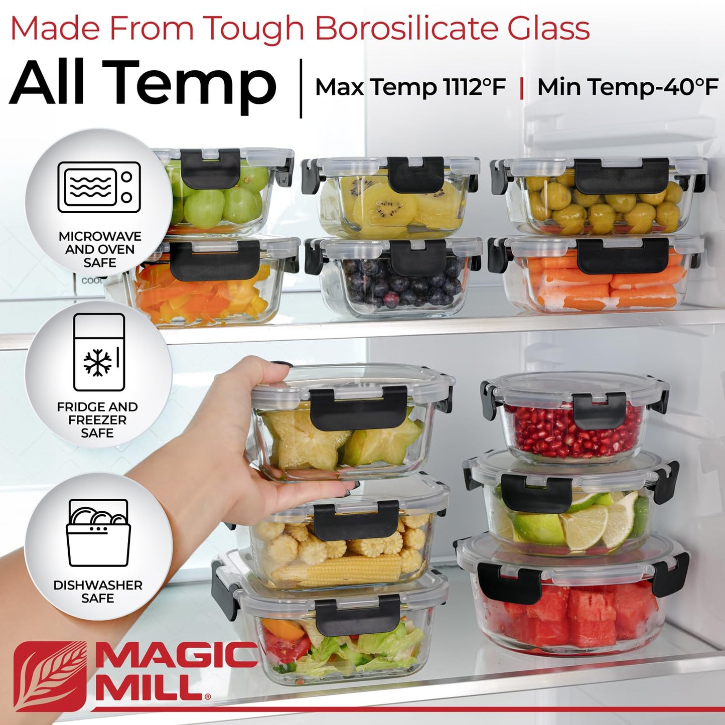 Magic Mill Premium Borosilicate Glass Food Storage Containers with lids Set | 24pc Sets with 12 Bowls & 12 Airtight Locking Lids for Lunch & Meal Prep, Safe for Oven, Freezer, Dishwasher, BPA-Free