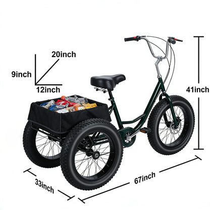 nawoefii Fat Tire Tricycle for Adults 20 Inch, 3 Wheel Bike for Adults Men Women, 7 Speed Cruise Trike with Big Basket, 450 LBS Load All Terrain Heavy Duty Three-Wheeled Cargo Bicycle
