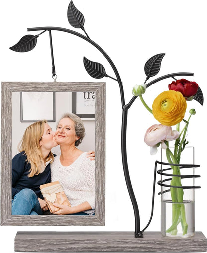 AKAZA 4x6 Picture Frames Family Desk Office Rustic Photo Frame, Water Plants Flowers Floating Double Glass Vase Tabletop Standing Home Decor, Wedding Grandma Mother Mom Gift (Dark Brown)