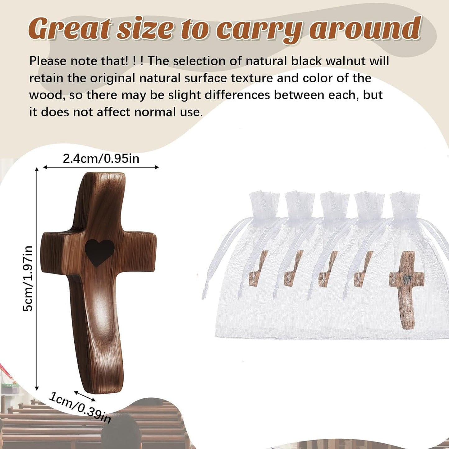 2 Brevynx Pcs Pocket Wooden Cross Fidget - Cross My Heart with Organza Bags - Stress Relief Fidget for Christian