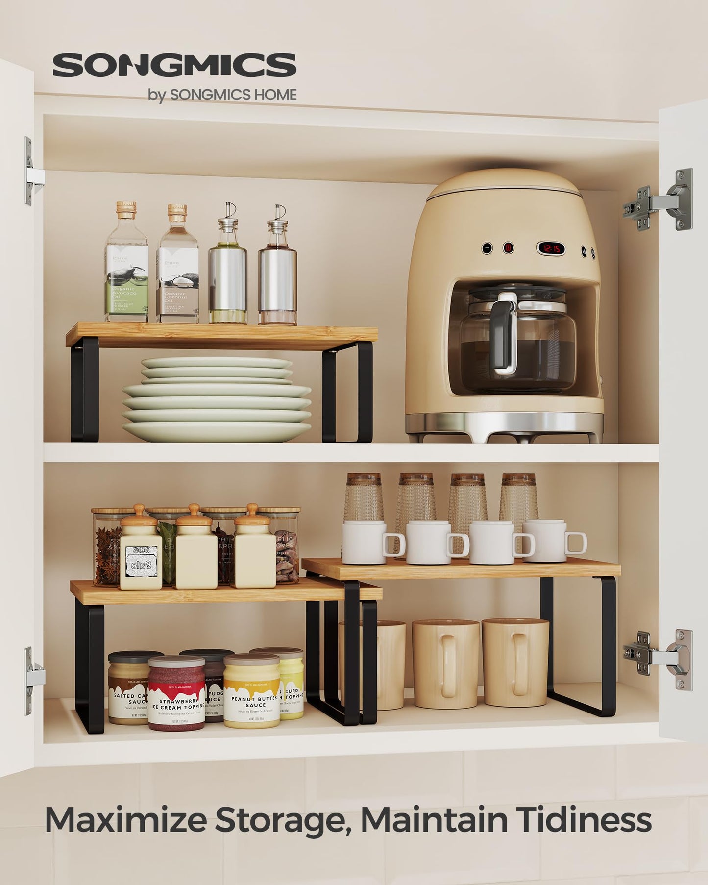 SONGMICS Cabinet Organizer Shelf, Set of 3 Kitchen Counter Shelves, Kitchen Storage, Spice Rack, Stackable, Expandable, Ink Black and Natural Beige UKCS014YL03