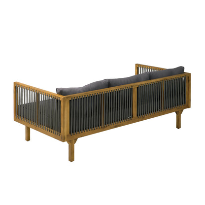 Merax Outdoor Acacia Wood Conversation Set - Patio 3-Seat Loveseat Sofa w/Coushion and Round Coffee Table for Backyard, Lawn, Balcony, Water Repellent, 600 lbs Sofa Capacity, Teak + Gray